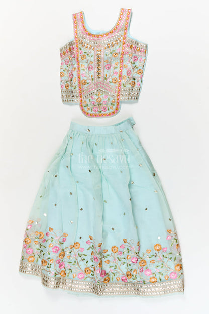 The Nesavu Girls Ethnic Lehenga Girls Floral Embroidered Lehenga Set for Weddings and Cultural Celebrations Nesavu 24 (5Y) / Teal / Georgette GL865A-24 Nesavu girls georgette lehenga choli set with floral embroidery and dupatta for festive weddings