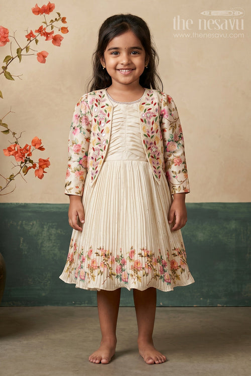 The Nesavu Silk Frock Girls Floral Frock with Jacket in Chinon Silk with Digital Print and Embroidered Stone Work Detailing Nesavu 18 (2Y) / Cream SF984A-18 Girls Floral Frock Embroidered Jacket Chinon Silk Digital Print Stone Work | The Nesavu