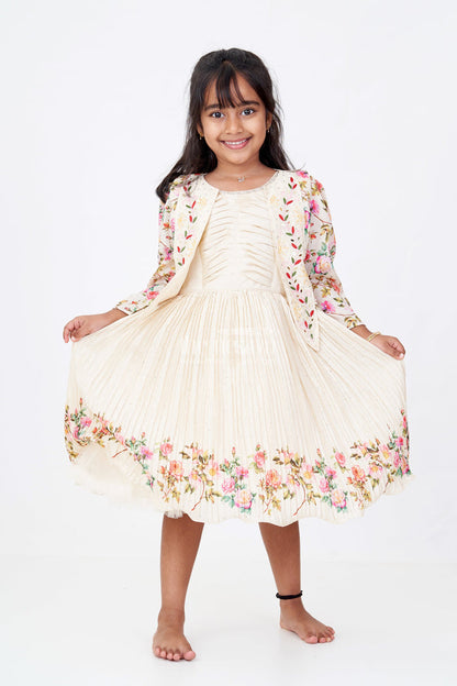 The Nesavu Silk Frock Girls Floral Frock with Jacket in Chinon Silk with Digital Print and Embroidered Stone Work Detailing Nesavu 18 (2Y) / Cream SF984A-18 Nesavu Girls Floral Frock Embroidered Jacket Chinon Silk Digital Print Stone Work