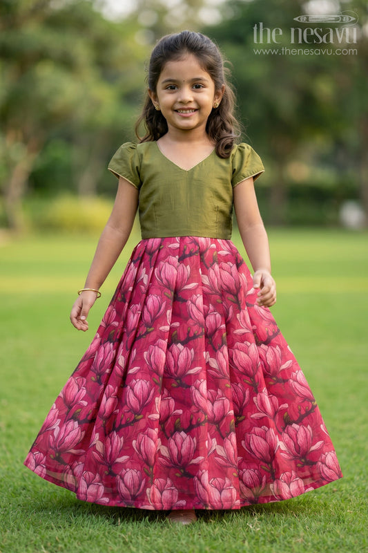 The Nesavu Girls Casual Gown Girls Floral Gown for Festive Birthdays and Family Celebrations Nesavu 16 (1Y) / Pink / Chanderi GA398A-16 Nesavu Girls Floral Gown For Birthday Celebrations And Festive Family Occasions With Digital Print