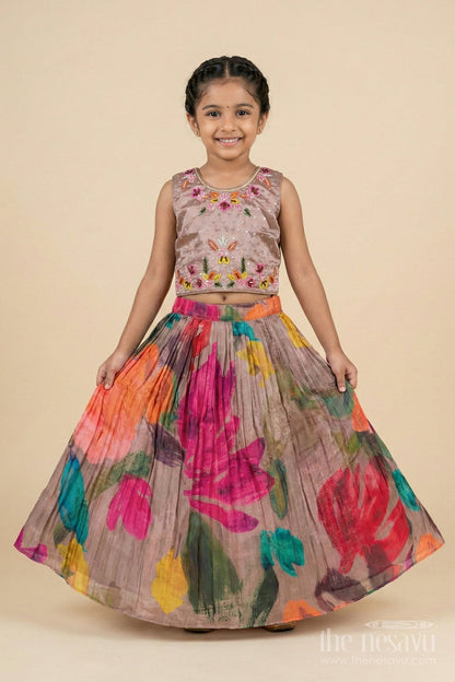 The Nesavu Girls Ethnic Lehenga Girls Floral Lehenga Set with Sleeveless Blouse for Birthdays and Special Occasions Nesavu Nesavu girls floral printed lehenga set in chinon fabric with embroidered blouse for festive celebrations