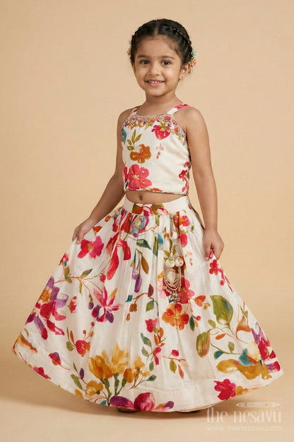 The Nesavu Girls Ethnic Lehenga Girls Floral Lehenga Set with Spaghetti Blouse for Birthdays and Outdoor Events Nesavu Nesavu girls floral lehenga choli set in modal silk with spaghetti blouse for festive parties