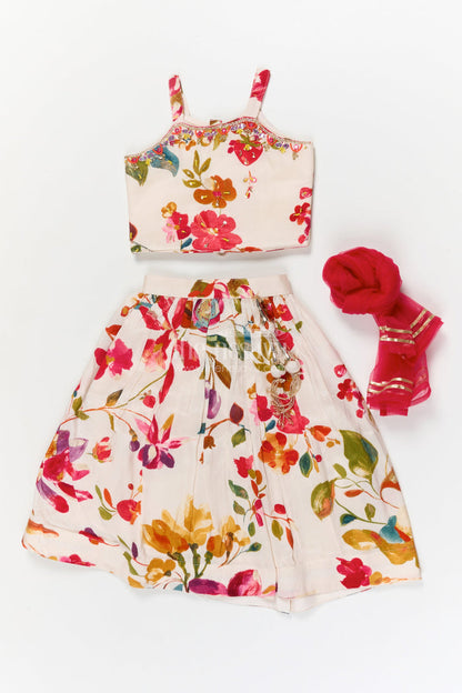 The Nesavu Girls Ethnic Lehenga Girls Floral Lehenga Set with Spaghetti Blouse for Birthdays and Outdoor Events Nesavu Nesavu girls floral lehenga choli set in modal silk with spaghetti blouse for festive parties