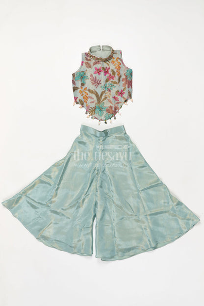The Nesavu Girls Sharara / Plazo Set Girls Floral Plazo Set with Embroidered Top and Matching Purse for Festive Occasions Nesavu 24 (5Y) / Green / Georgette GPS929A-24 Nesavu girls floral plazo set with embroidered top and matching purse for festive occasions
