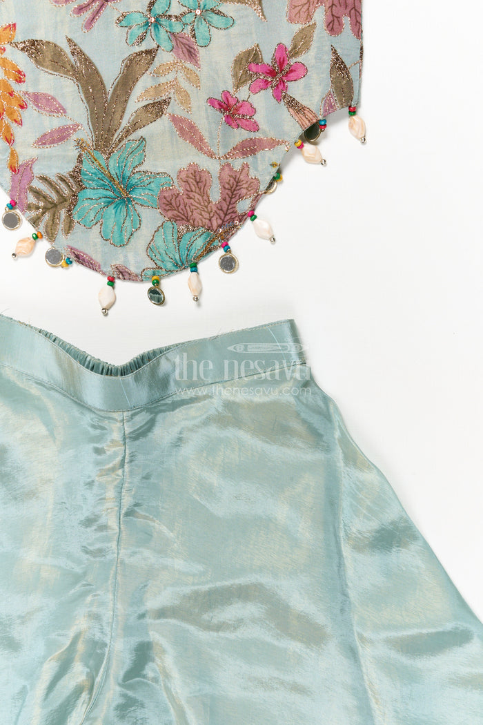 The Nesavu Girls Sharara / Plazo Set Girls Floral Plazo Set with Embroidered Top and Matching Purse for Festive Occasions Nesavu Nesavu girls floral plazo set with embroidered top and matching purse for festive occasions