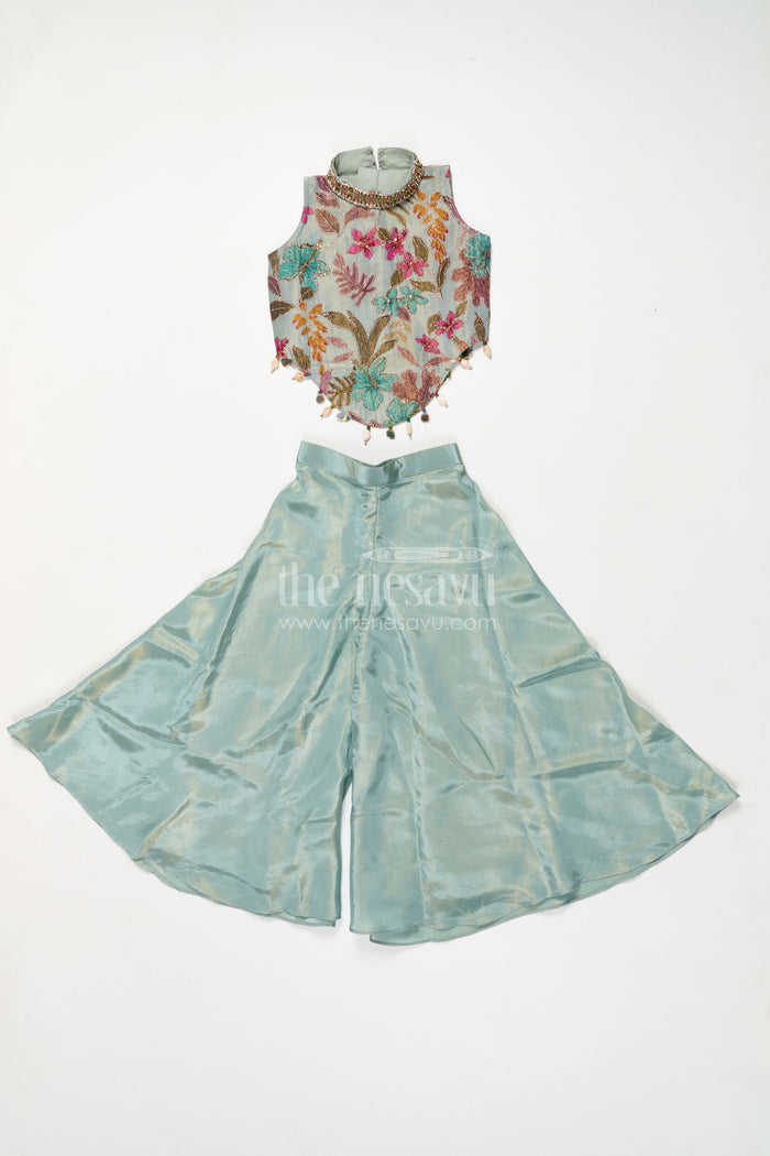 The Nesavu Girls Sharara / Plazo Set Girls Floral Plazo Set with Embroidered Top and Matching Purse for Festive Occasions Nesavu Nesavu girls floral plazo set with embroidered top and matching purse for festive occasions