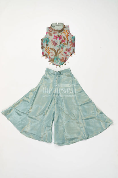 The Nesavu Girls Sharara / Plazo Set Girls Floral Plazo Set with Embroidered Top and Matching Purse for Festive Occasions Nesavu Nesavu girls floral plazo set with embroidered top and matching purse for festive occasions