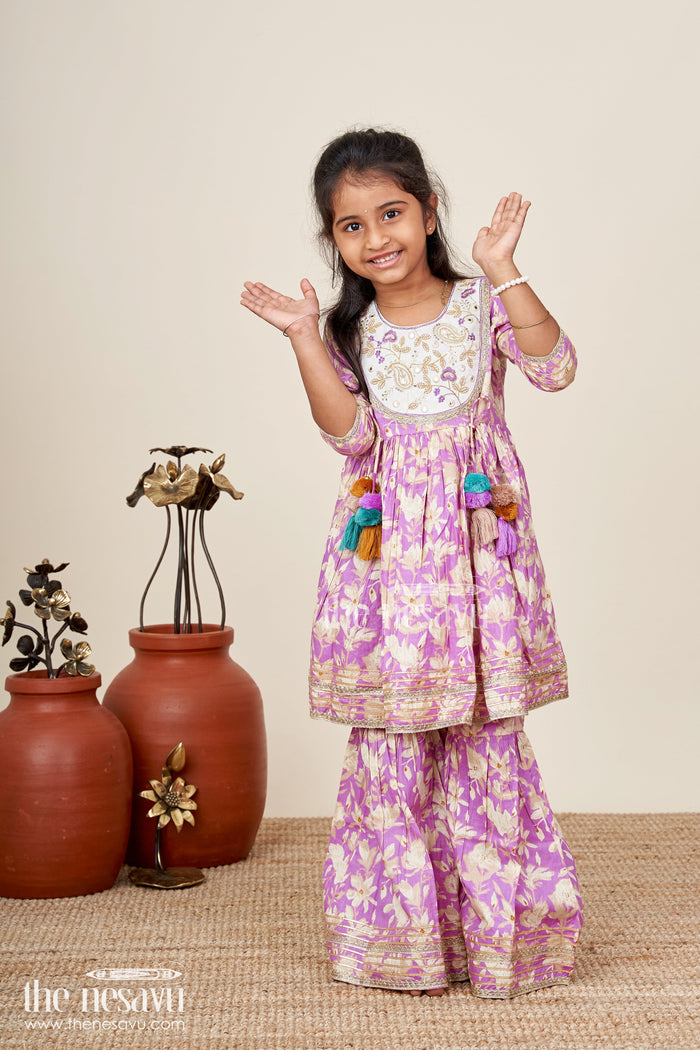 The Nesavu Girls Sharara / Plazo Set Girls floral sharara set with embellished neckline and gota lace Nesavu 16 (1Y) / Pink GPS842A-16 Nesavu girls floral cotton sharara set embellished neckline tassels  festive wear Navratri