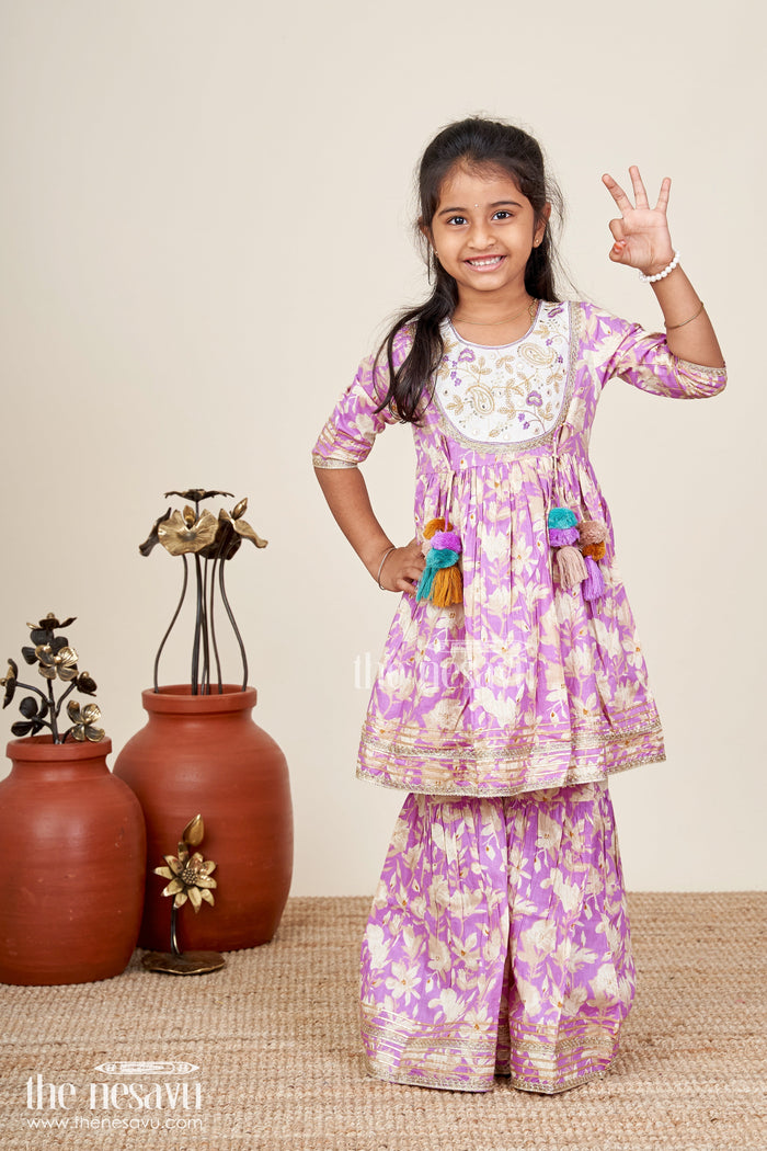 The Nesavu Girls Sharara / Plazo Set Girls floral sharara set with embellished neckline and gota lace Nesavu Nesavu girls floral cotton sharara set embellished neckline tassels  festive wear Navratri
