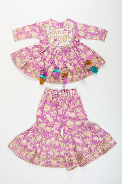 The Nesavu Girls Sharara / Plazo Set Girls floral sharara set with embellished neckline and gota lace Nesavu Nesavu girls floral cotton sharara set embellished neckline tassels  festive wear Navratri