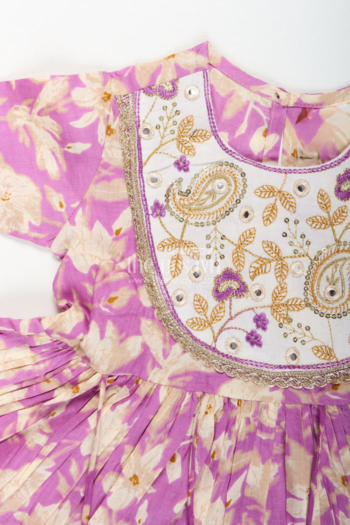 The Nesavu Girls Sharara / Plazo Set Girls floral sharara set with embellished neckline and gota lace Nesavu Nesavu girls floral cotton sharara set embellished neckline tassels  festive wear Navratri