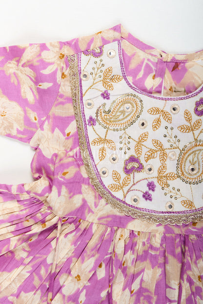 The Nesavu Girls Sharara / Plazo Set Girls floral sharara set with embellished neckline and gota lace Nesavu Nesavu girls floral cotton sharara set embellished neckline tassels  festive wear Navratri