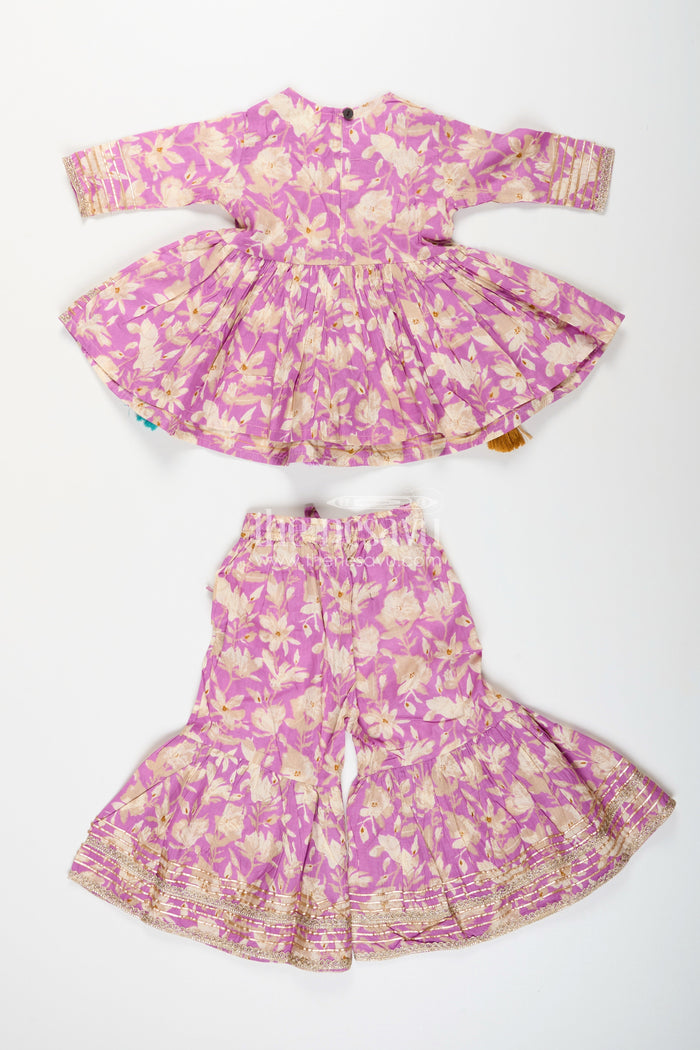 The Nesavu Girls Sharara / Plazo Set Girls floral sharara set with embellished neckline and gota lace Nesavu Nesavu girls floral cotton sharara set embellished neckline tassels  festive wear Navratri