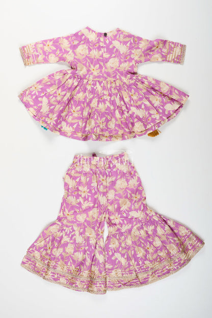 The Nesavu Girls Sharara / Plazo Set Girls floral sharara set with embellished neckline and gota lace Nesavu Nesavu girls floral cotton sharara set embellished neckline tassels  festive wear Navratri