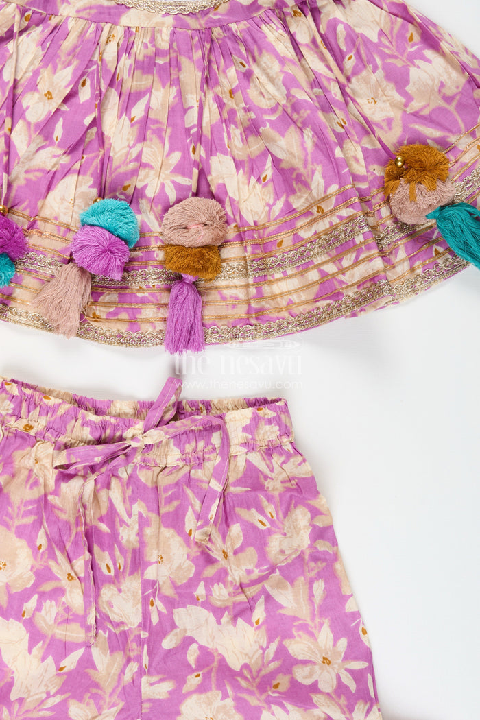 The Nesavu Girls Sharara / Plazo Set Girls floral sharara set with embellished neckline and gota lace Nesavu Nesavu girls floral cotton sharara set embellished neckline tassels  festive wear Navratri