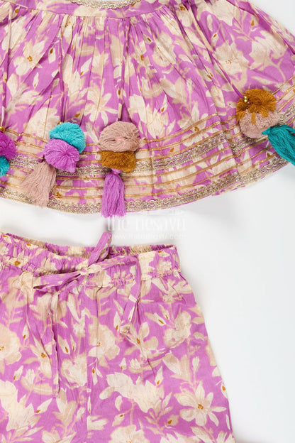 The Nesavu Girls Sharara / Plazo Set Girls floral sharara set with embellished neckline and gota lace Nesavu Nesavu girls floral cotton sharara set embellished neckline tassels  festive wear Navratri