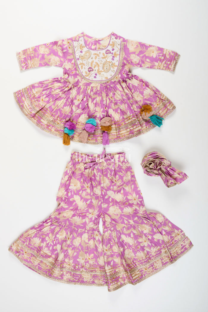 The Nesavu Girls Sharara / Plazo Set Girls floral sharara set with embellished neckline and gota lace Nesavu Nesavu girls floral cotton sharara set embellished neckline tassels  festive wear Navratri