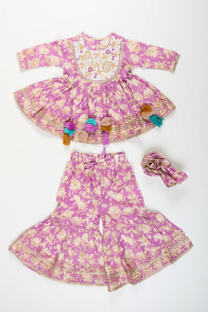 The Nesavu Girls Sharara / Plazo Set Girls floral sharara set with embellished neckline and gota lace Nesavu Nesavu girls floral cotton sharara set embellished neckline tassels  festive wear Navratri