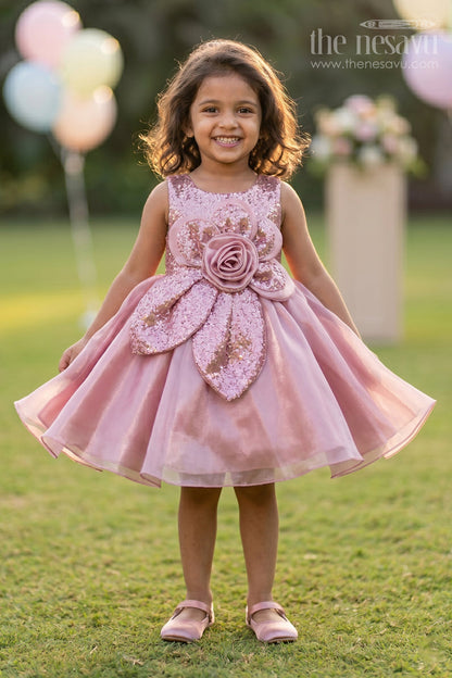 The Nesavu Girls Fancy Party Frock Girls Frock for Birthday Parties and Festive Photoshoots Nesavu 16 (1Y) / Peach / Organza PF300A-16 Nesavu Girls Organza Frock For Birthdays With Sequin Embroidery Flower Design And Flared Silhouette