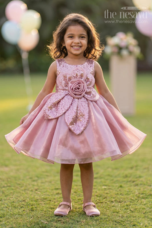 The Nesavu Girls Fancy Party Frock Girls Frock for Birthday Parties and Festive Photoshoots Nesavu 16 (1Y) / Peach / Organza PF300A-16 Nesavu Girls Organza Frock For Birthdays With Sequin Embroidery Flower Design And Flared Silhouette