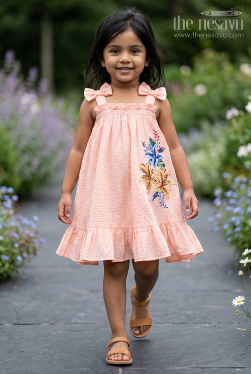 The Nesavu Girls Cotton Frock Girls Frock for Casual Celebrations and Family Outings Nesavu 20 (3Y) / Peach / Cotton GFC2251A-20 Nesavu Girls Cotton Blend Frock For Casual Celebrations And Comfortable Festive Outings