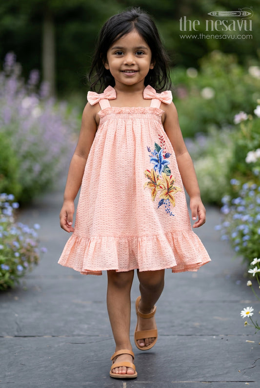 The Nesavu Girls Cotton Frock Girls Frock for Casual Celebrations and Family Outings Nesavu 20 (3Y) / Peach / Cotton GFC2251A-20 Nesavu Girls Cotton Blend Frock For Casual Celebrations And Comfortable Festive Outings