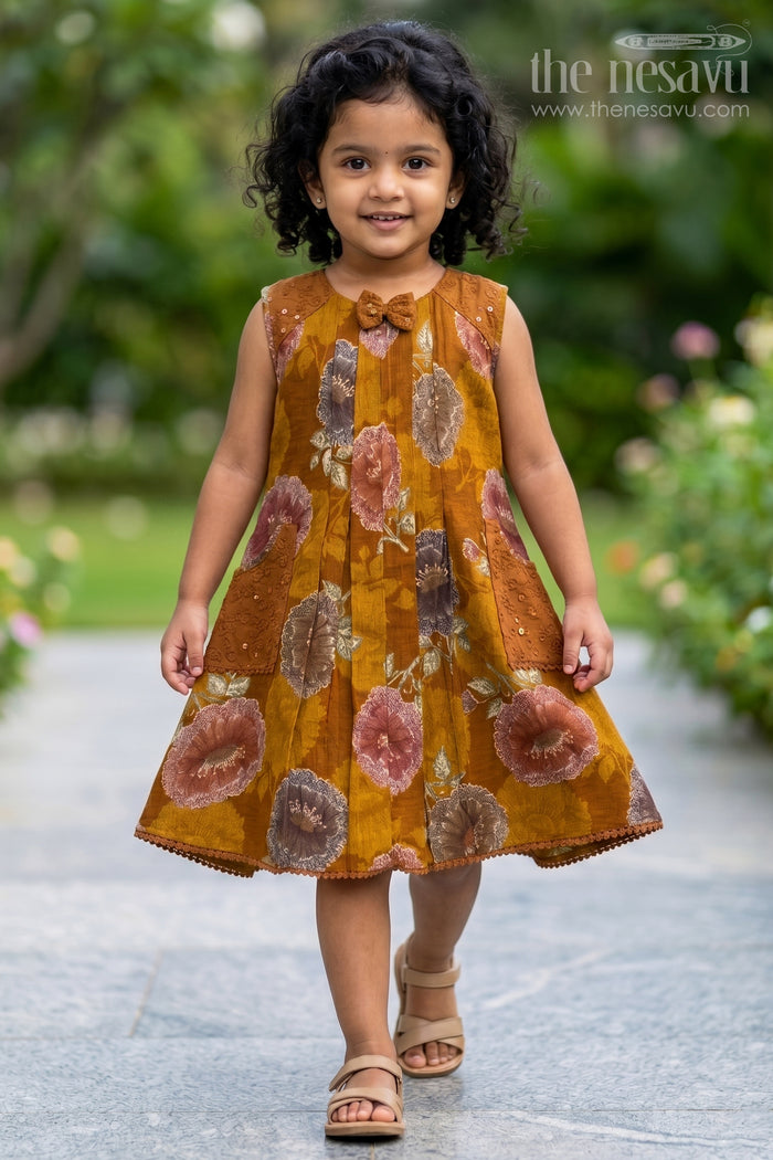 The Nesavu Girls Cotton Frock Girls Frock for Festive Wear and Special Day Outings Nesavu 22 (4Y) / Brown / Cotton GFC2220A-22 Nesavu Girls Cotton Frock For Festive Wear And Special Outings With Bold Floral Digital Print Design