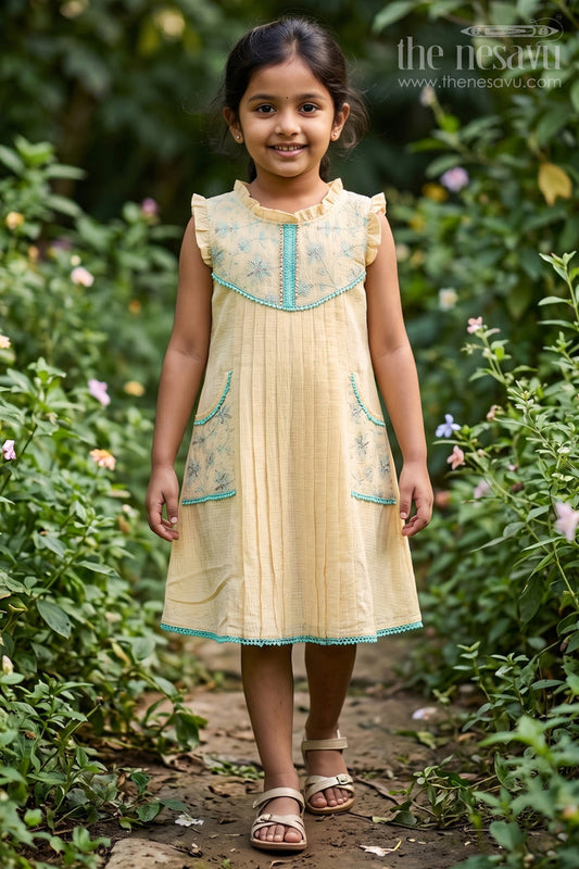 The Nesavu Girls Cotton Frock Girls Frock for Traditional Gatherings and Festive Occasions Nesavu 22 (4Y) / Yellow / Cotton GFC2219A-22 Nesavu Girls Cotton Frock For Traditional Gatherings And Festive Occasions With Elegant Embroidery Design