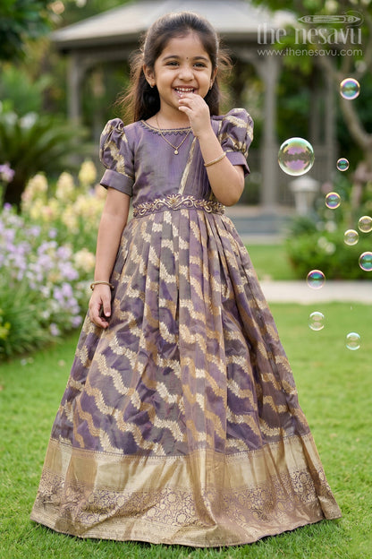 The Nesavu Girls Silk Gown Girls Frock Gown Design in Organza Banarasi Silk with Gold Zari Border and Puff Sleeves Nesavu 20 (3Y) / Purple GA308B-20 Girls Frock Gown Design Organza Banarasi Silk Puff Sleeves Zari Border | The Nesavu