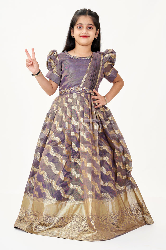 The Nesavu Girls Silk Gown Girls Frock Gown Design in Organza Banarasi Silk with Gold Zari Border and Puff Sleeves Nesavu 20 (3Y) / Purple GA308B-20 Nesavu Girls Frock Gown Design Organza Banarasi Silk Puff Sleeves Zari Border