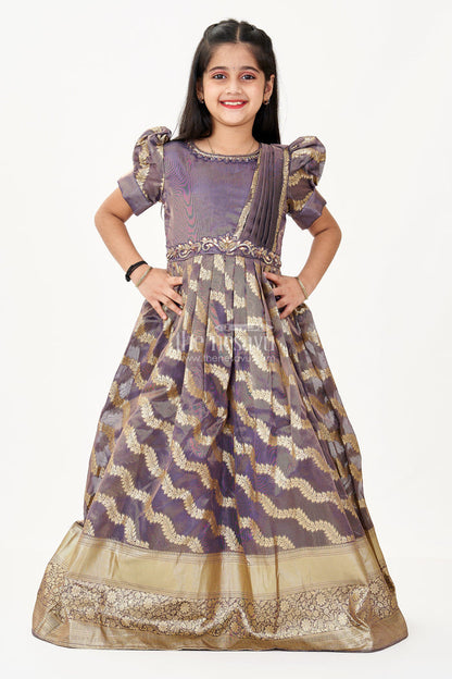 The Nesavu Girls Silk Gown Girls Frock Gown Design in Organza Banarasi Silk with Gold Zari Border and Puff Sleeves Nesavu Nesavu Girls Frock Gown Design Organza Banarasi Silk Puff Sleeves Zari Border