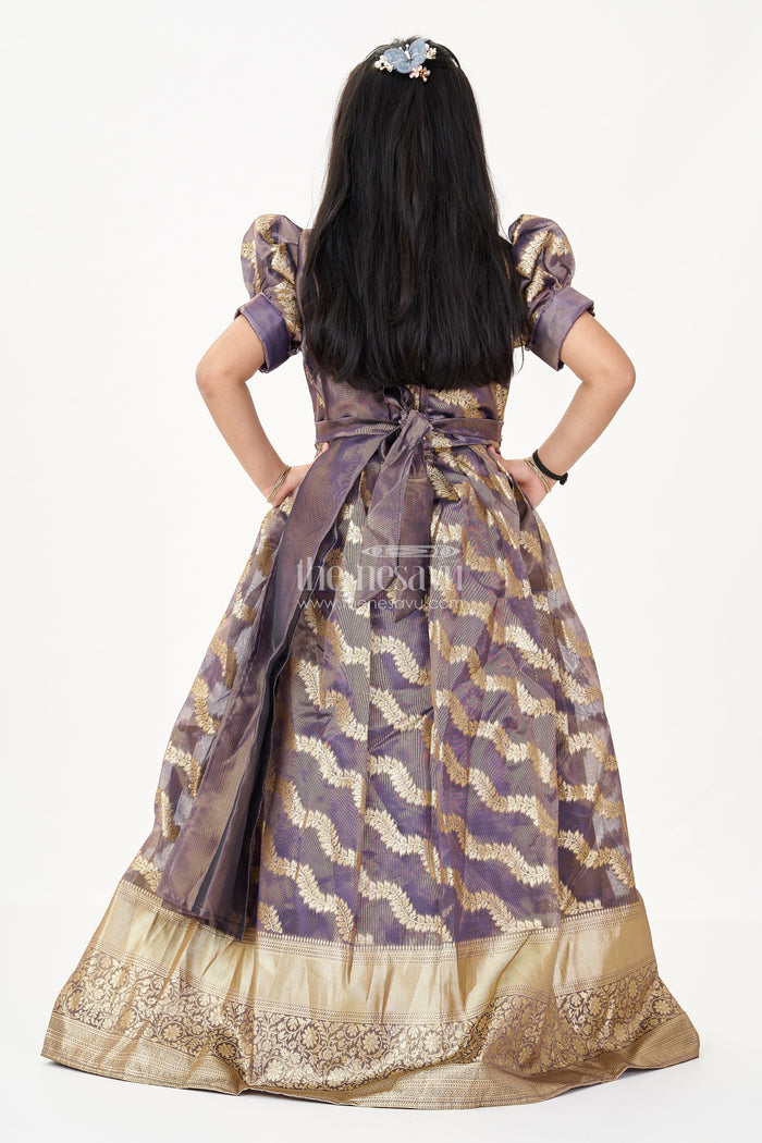 The Nesavu Girls Silk Gown Girls Frock Gown Design in Organza Banarasi Silk with Gold Zari Border and Puff Sleeves Nesavu Nesavu Girls Frock Gown Design Organza Banarasi Silk Puff Sleeves Zari Border