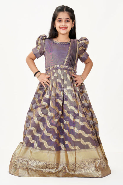 The Nesavu Girls Silk Gown Girls Frock Gown Design in Organza Banarasi Silk with Gold Zari Border and Puff Sleeves Nesavu Girls Frock Gown Design Organza Banarasi Silk Puff Sleeves Zari Border | The Nesavu