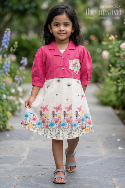 The Nesavu Girls Cotton Frock Girls Frock with Jacket Style for Festive Outings and Functions Nesavu 20 (3Y) / Pink / Cotton GFC2235A-20 Nesavu Girls Cotton Blend Frock With Jacket Style For Festive Outings And Functions With Floral Print And Embroidery