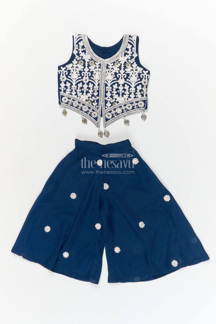 The Nesavu Girls Sharara / Plazo Set Girls Georgette Plazo Set with Jacket-style Blouse for Festive Ceremonies Nesavu 16 (1Y) / Blue / Georgette GPS933A-16 Nesavu girls georgette plazo set with embroidered jacket blouse and dupatta for traditional functions