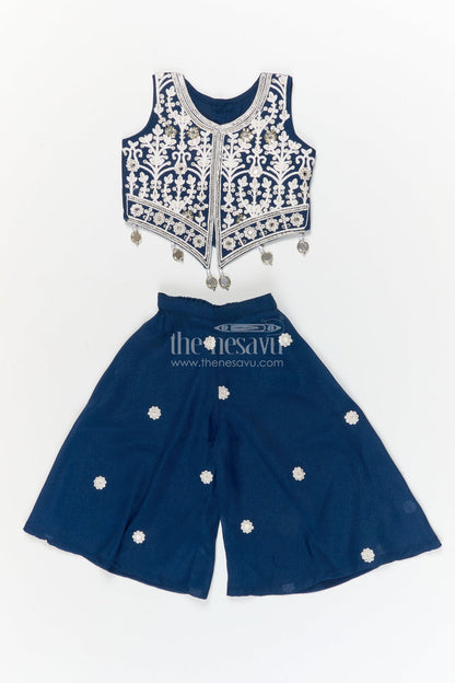 The Nesavu Girls Sharara / Plazo Set Girls Georgette Plazo Set with Jacket-style Blouse for Festive Ceremonies Nesavu 16 (1Y) / Blue / Georgette GPS933A-16 Nesavu girls georgette plazo set with embroidered jacket blouse and dupatta for traditional functions
