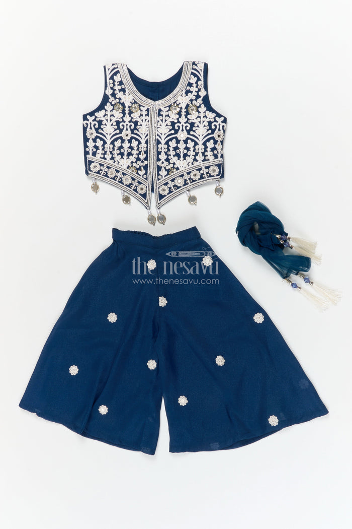 The Nesavu Girls Sharara / Plazo Set Girls Georgette Plazo Set with Jacket-style Blouse for Festive Ceremonies Nesavu Nesavu girls georgette plazo set with embroidered jacket blouse and dupatta for traditional functions