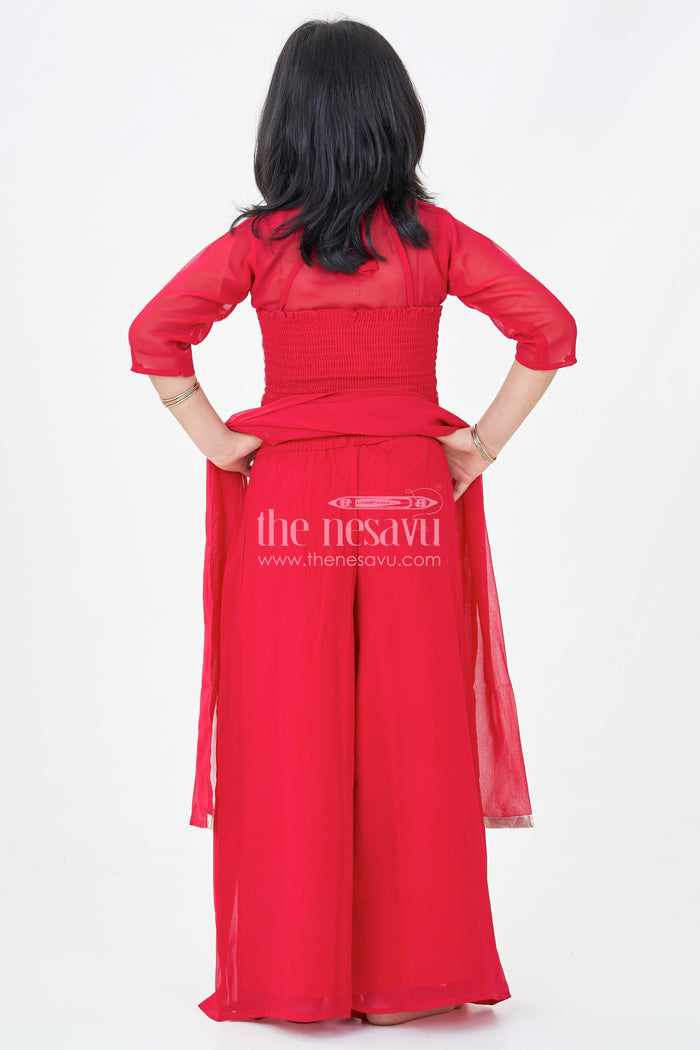 The Nesavu Girls Sharara / Plazo Set Girls Georgette Sharara Design with Embroidered Yoke and Layered Palazzo Set in Deep Maroon Nesavu Girls Georgette Sharara Design Maroon Embroidered Yoke Palazzo Pants | The Nesavu