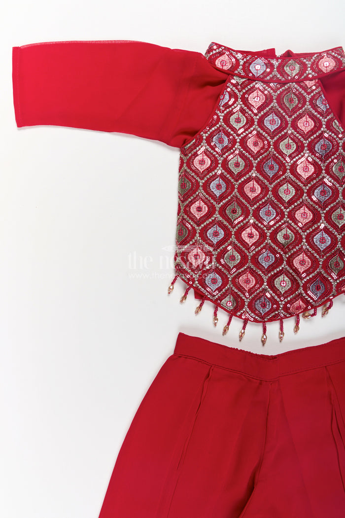 The Nesavu Girls Sharara / Plazo Set Girls Georgette Sharara Design with Embroidered Yoke and Layered Palazzo Set in Deep Maroon Nesavu Girls Georgette Sharara Design Maroon Embroidered Yoke Palazzo Pants | The Nesavu