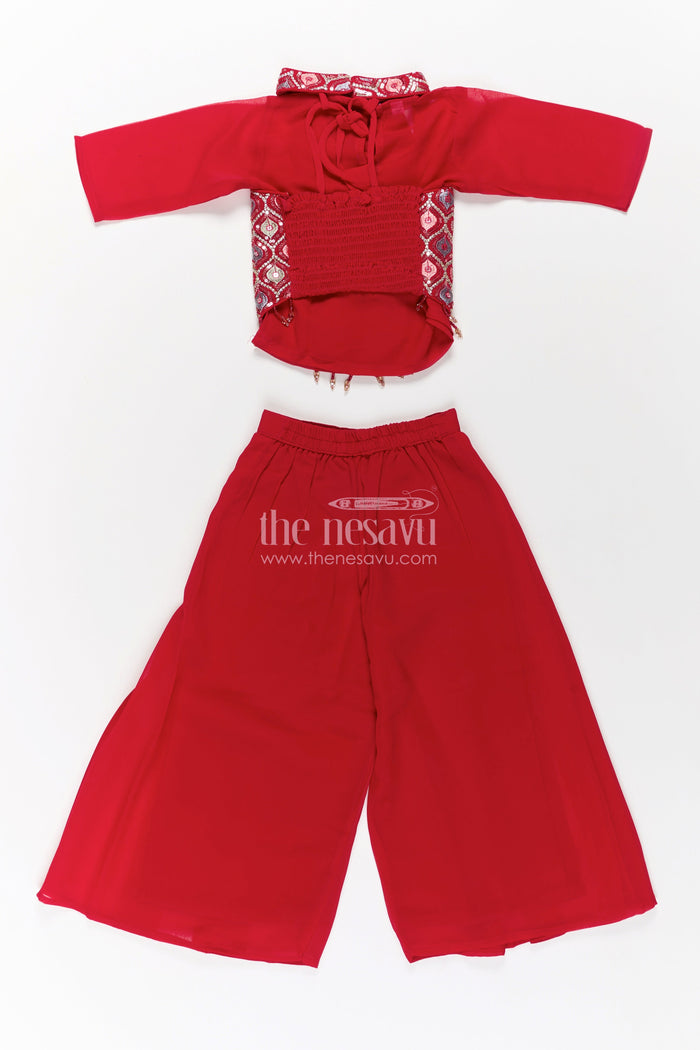 The Nesavu Girls Sharara / Plazo Set Girls Georgette Sharara Design with Embroidered Yoke and Layered Palazzo Set in Deep Maroon Nesavu Girls Georgette Sharara Design Maroon Embroidered Yoke Palazzo Pants | The Nesavu