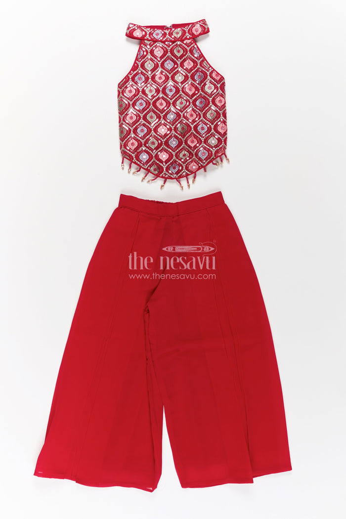 The Nesavu Girls Sharara / Plazo Set Girls Georgette Sharara Design with Embroidered Yoke and Layered Palazzo Set in Deep Maroon Nesavu Girls Georgette Sharara Design Maroon Embroidered Yoke Palazzo Pants | The Nesavu