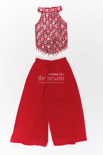 The Nesavu Girls Sharara / Plazo Set Girls Georgette Sharara Design with Embroidered Yoke and Layered Palazzo Set in Deep Maroon Nesavu Girls Georgette Sharara Design Maroon Embroidered Yoke Palazzo Pants | The Nesavu