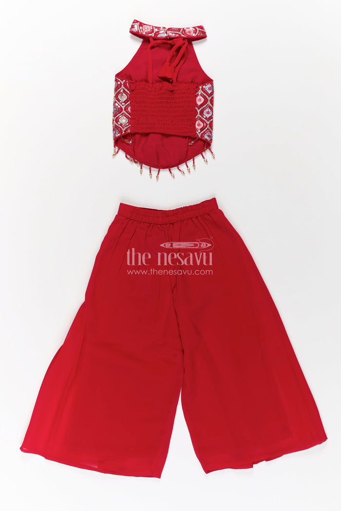 The Nesavu Girls Sharara / Plazo Set Girls Georgette Sharara Design with Embroidered Yoke and Layered Palazzo Set in Deep Maroon Nesavu Girls Georgette Sharara Design Maroon Embroidered Yoke Palazzo Pants | The Nesavu