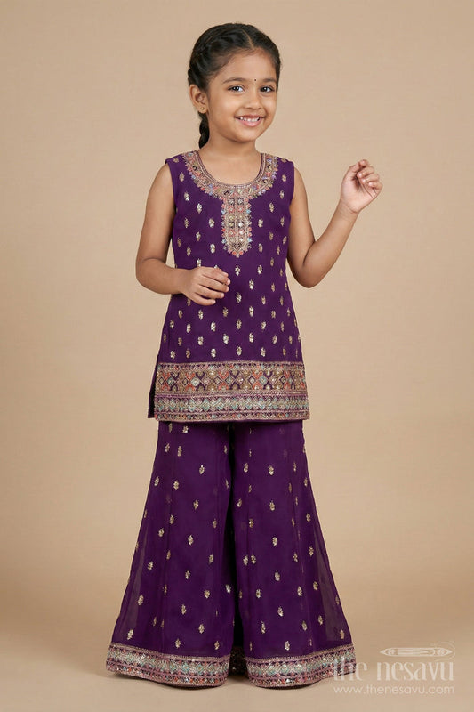 The Nesavu Girls Sharara / Plazo Set Girls Georgette Sharara Set for Wedding Receptions and Ethnic Parties Nesavu Nesavu girls georgette sharara set with sequins for festive parties and wedding receptions
