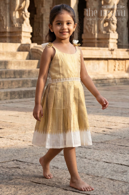 The Nesavu Tie-up Frock Girls Gold Tissue Silk Frock for Festive Celebrations Nesavu 18 (2Y) / Gold / Tissue T435B-18 Nesavu Girls Gold Tissue Silk Frock With Tie Up Straps For Festive Family Occasions