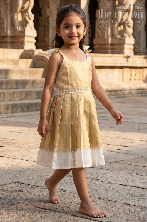 The Nesavu Tie-up Frock Girls Gold Tissue Silk Frock for Festive Celebrations Nesavu 18 (2Y) / Gold / Tissue T435B-18 Nesavu Girls Gold Tissue Silk Frock With Tie Up Straps For Festive Family Occasions