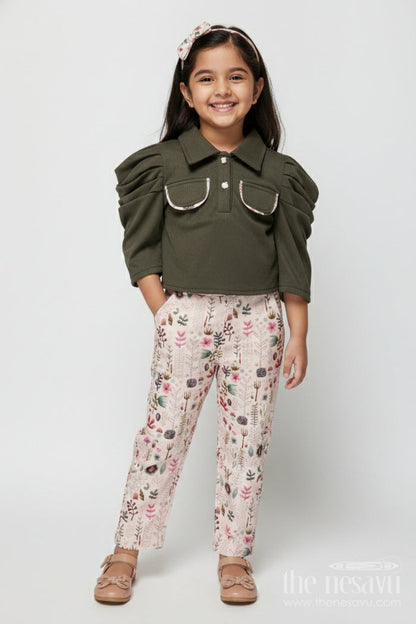 The Nesavu Girls Co-Ord Sets Girls Green Top with Printed Pants – Trendy Cotton Co-ord Set Nesavu 22 (4Y) / Green GPS912A-22 Nesavu girls cotton co-ord set with green top and printed pants
