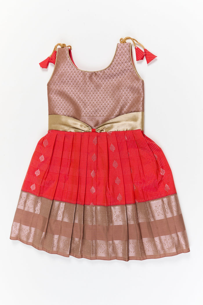 The Nesavu Girls Kanchi Silk Frock Girls Kanchi Silk Frock for Festive Celebrations Nesavu 22 (4Y) / Red / Style 2 KSF022EB-22 Nesavu girls kanchi silk frock for weddings in semi designer kanchivaram silk inspired collection