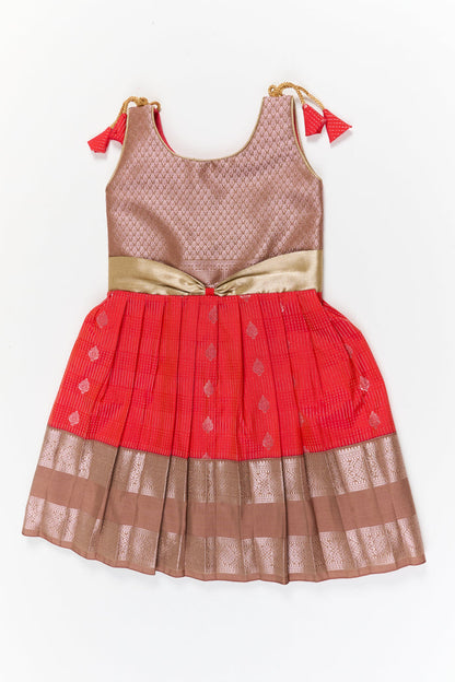 The Nesavu Girls Kanchi Silk Frock Girls Kanchi Silk Frock for Festive Celebrations Nesavu 22 (4Y) / Red / Style 2 KSF022EB-22 Nesavu girls kanchi silk frock for weddings in semi designer kanchivaram silk inspired collection