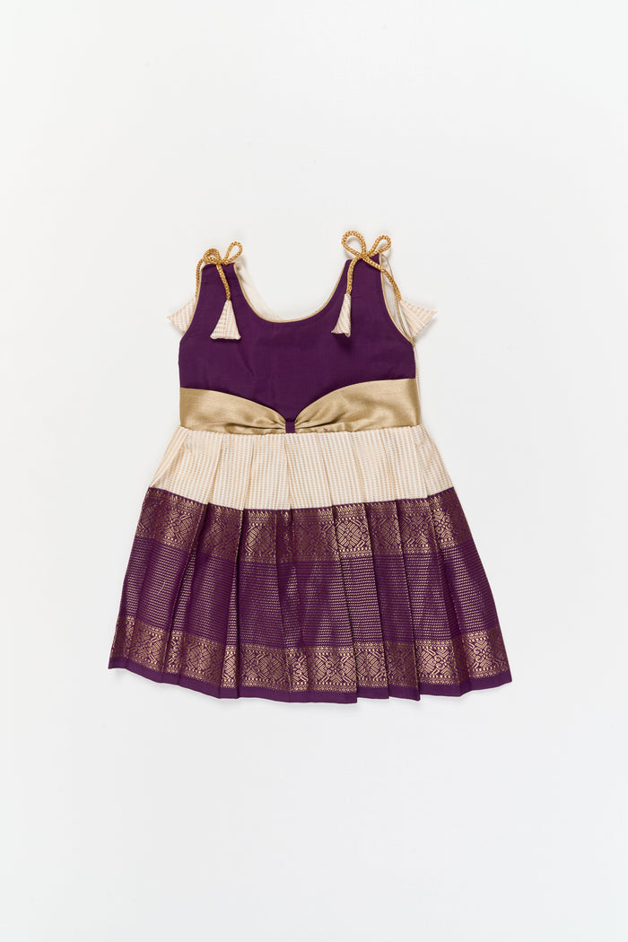 The Nesavu Girls Kanchi Silk Frock Girls Kanchi Silk Frock for Festive Weddings and Receptions Nesavu 14 (6M) / Gold / Style 3 KSF021CC-14 Nesavu girls kanchi silk frock for weddings in semi designer kanchivaram saree inspired style
